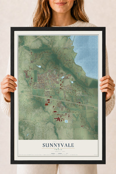 Map of Sunnyvale, Texas, 18 x 24 inch print in a black wood frame