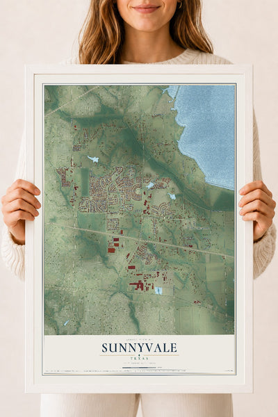 Map of Sunnyvale, Texas, 18 x 24 inch print in a white wood frame