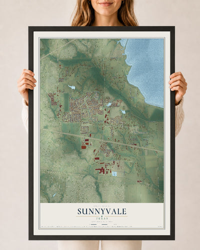 Map of Sunnyvale, Texas, 24 x 36 inch print in a black wood frame