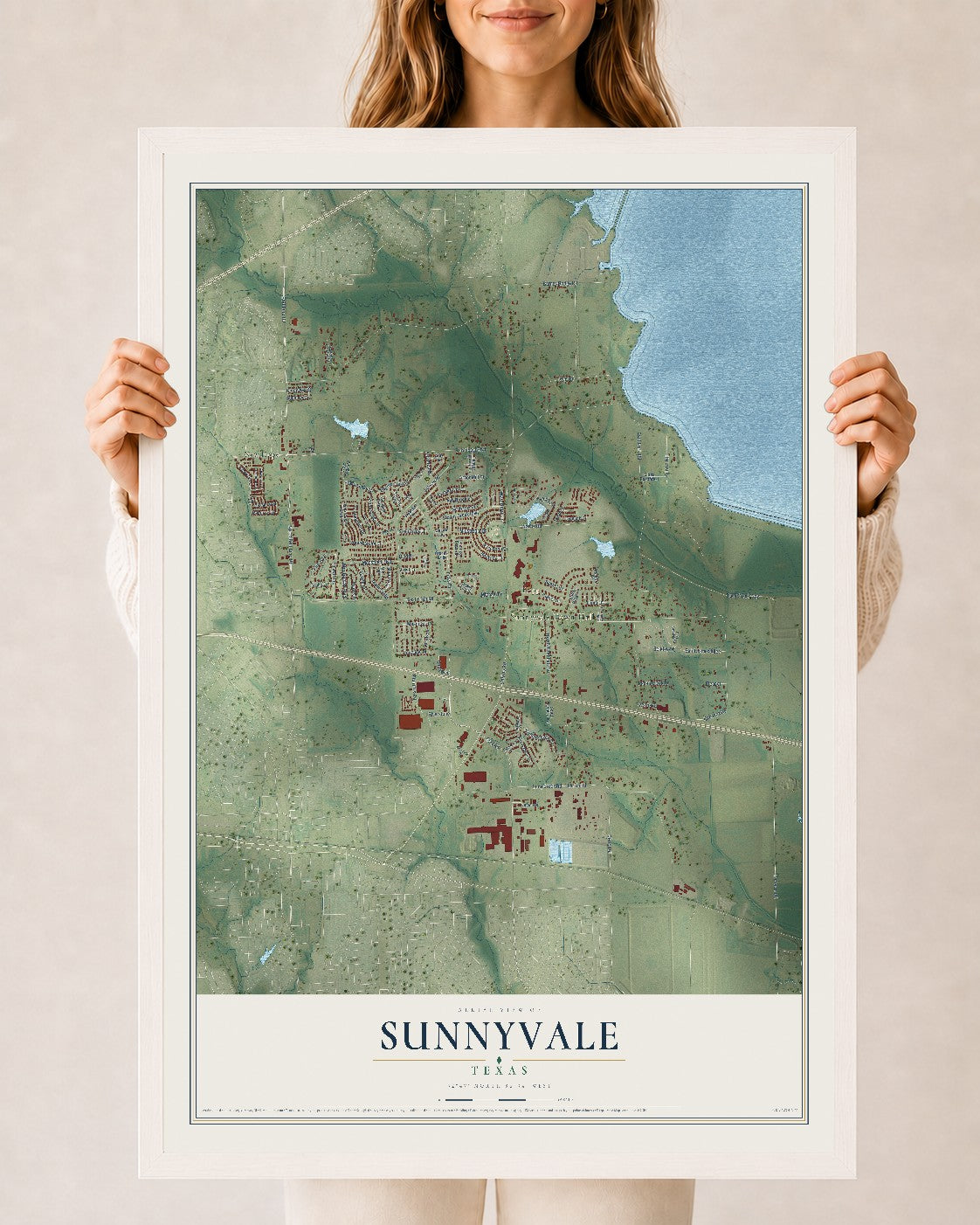 Map of Sunnyvale, Texas, 24 x 36 inch print in a white wood frame