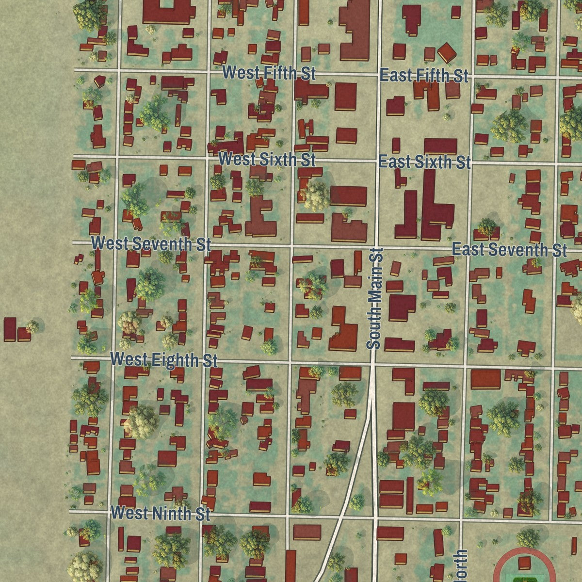 Close-up of the map of Sunray, Texas print showing street and building detail