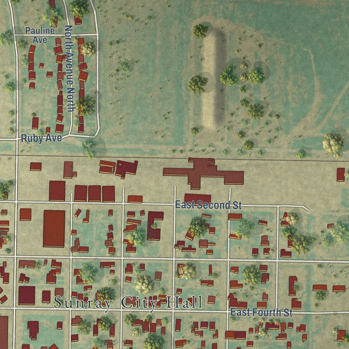 Second close-up of the map of Sunray, Texas print showing more streets and buildings