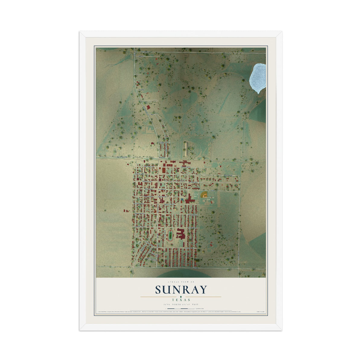 Map of Sunray, Texas, 12 x 18 inch print in a white wood frame