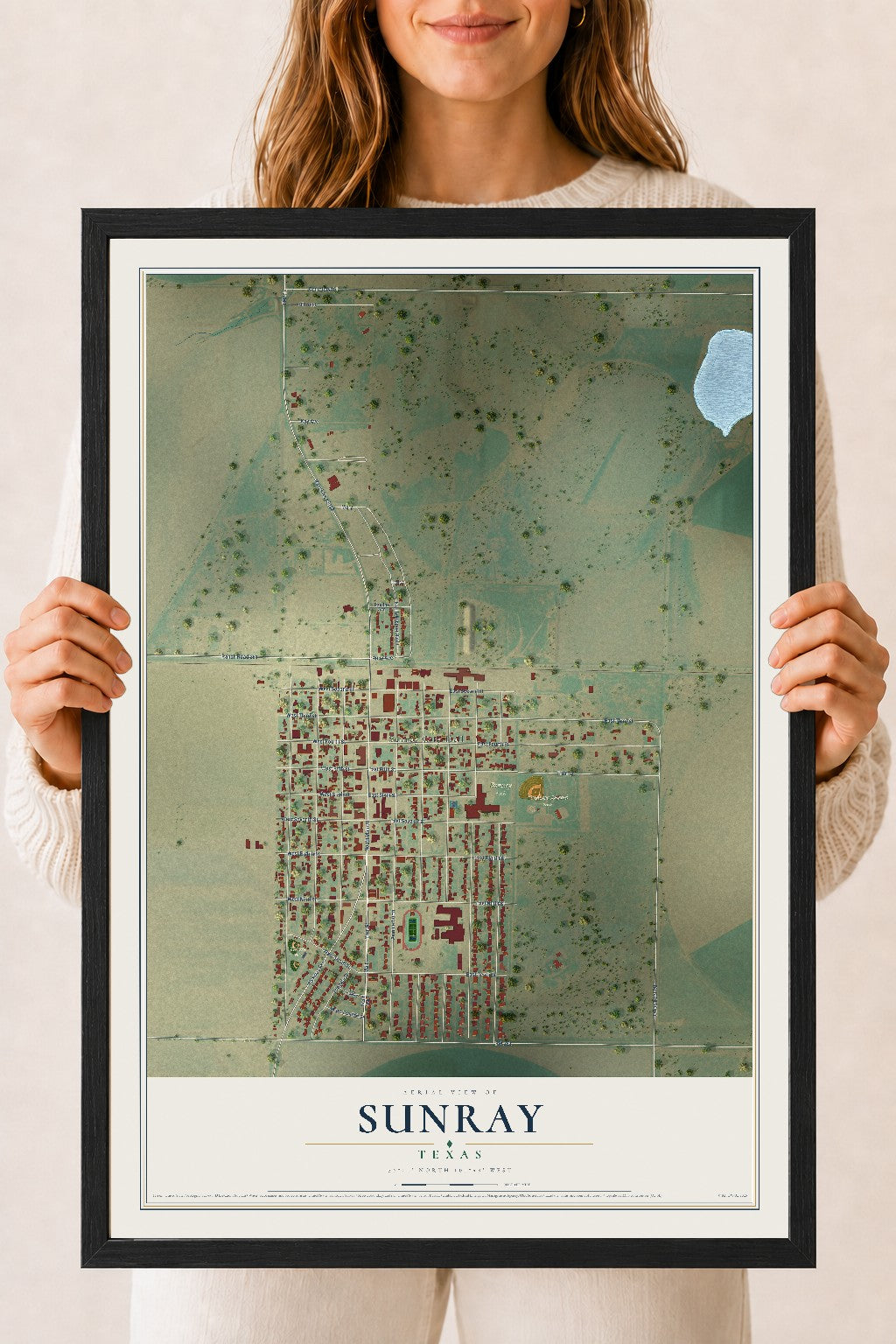 Map of Sunray, Texas, 18 x 24 inch print in a black wood frame