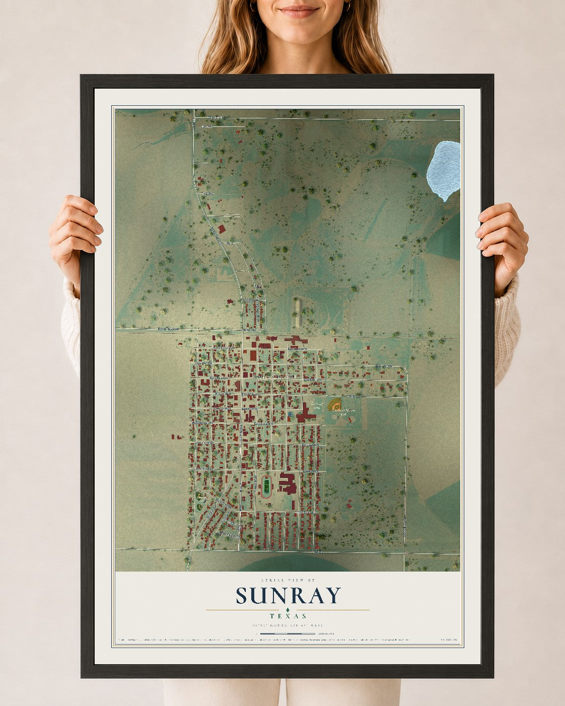 Map of Sunray, Texas, 24 x 36 inch print in a black wood frame