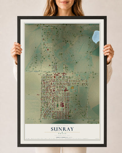 Map of Sunray, Texas, 24 x 36 inch print in a black wood frame