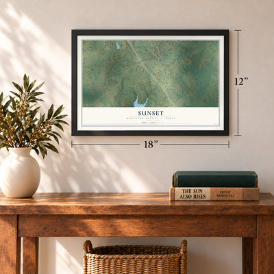 Sunset, Montague County, Texas map, 12 x 18 inch print in a black frame in an entryway