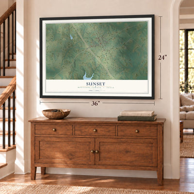 Sunset, Montague County, Texas map, 24 x 36 inch print in a black frame above a dresser by a staircase