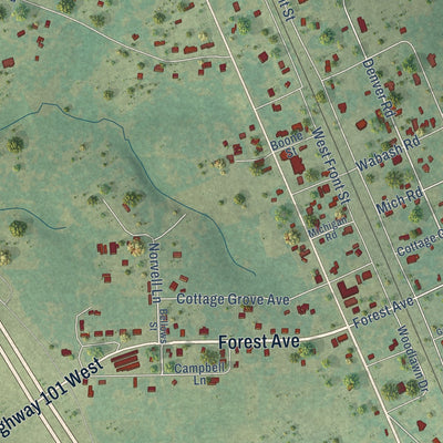 Close-up of the map of Sunset, Montague County, Texas print showing street and building detail