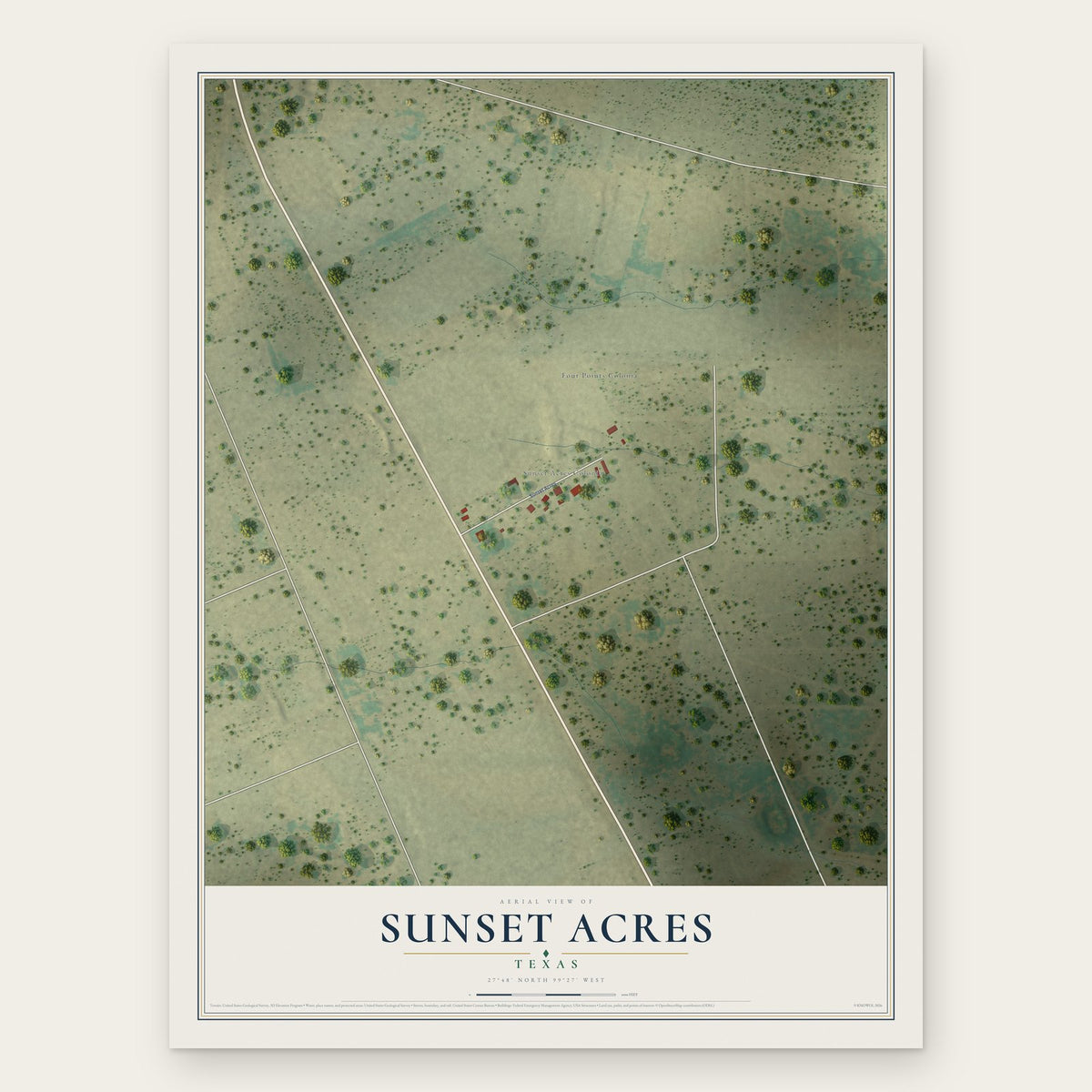 Sunset Acres, Texas map print, the full design