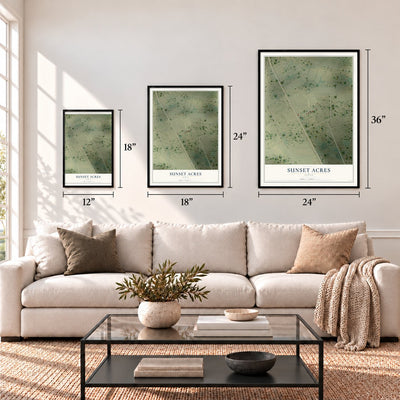 Sunset Acres, Texas map in 12 x 18, 18 x 24 and 24 x 36 inch sizes above a sofa