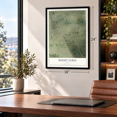 Sunset Acres, Texas map, 18 x 24 inch print in a black frame in a home office