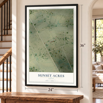 Sunset Acres, Texas map, 24 x 36 inch print in a black frame by a staircase