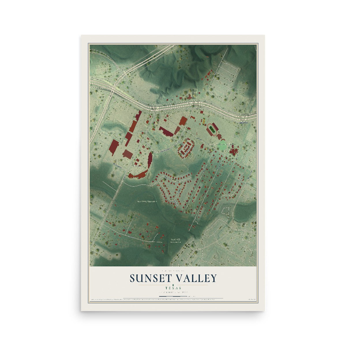Map of Sunset Valley, Texas, 12 x 18 inch unframed archival matte print