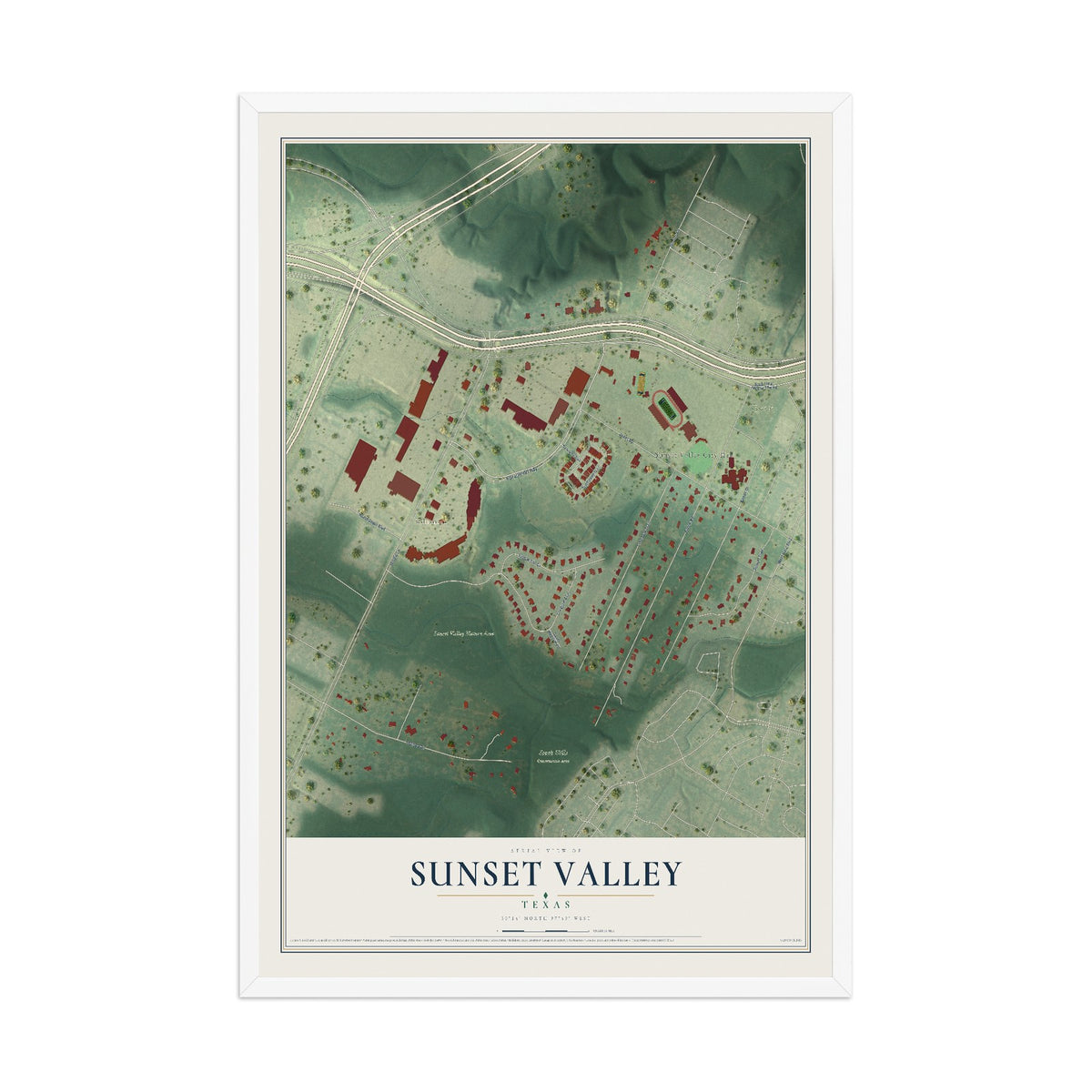 Map of Sunset Valley, Texas, 12 x 18 inch print in a white wood frame