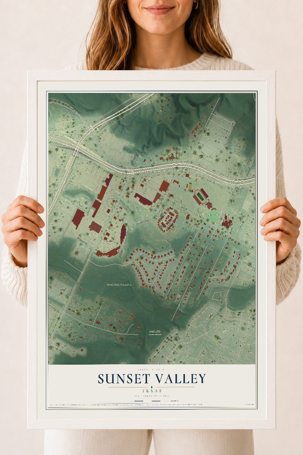 Map of Sunset Valley, Texas, 18 x 24 inch print in a white wood frame