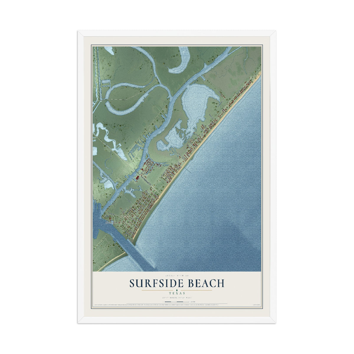 Map of Surfside Beach, Texas, 12 x 18 inch print in a white wood frame