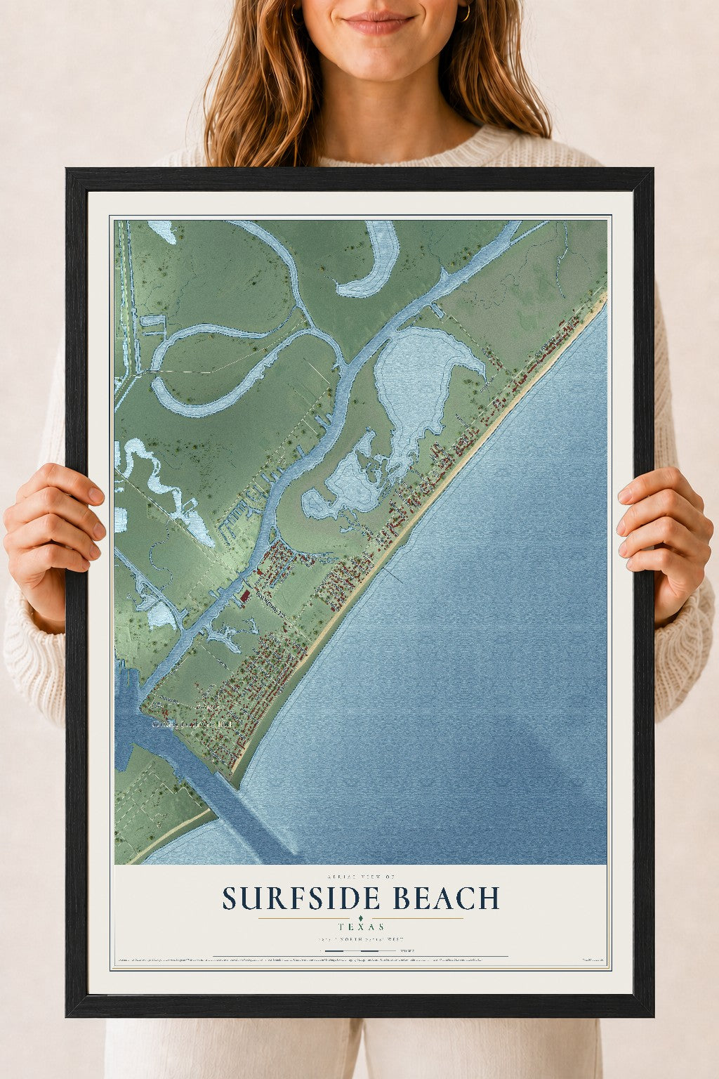 Map of Surfside Beach, Texas, 18 x 24 inch print in a black wood frame