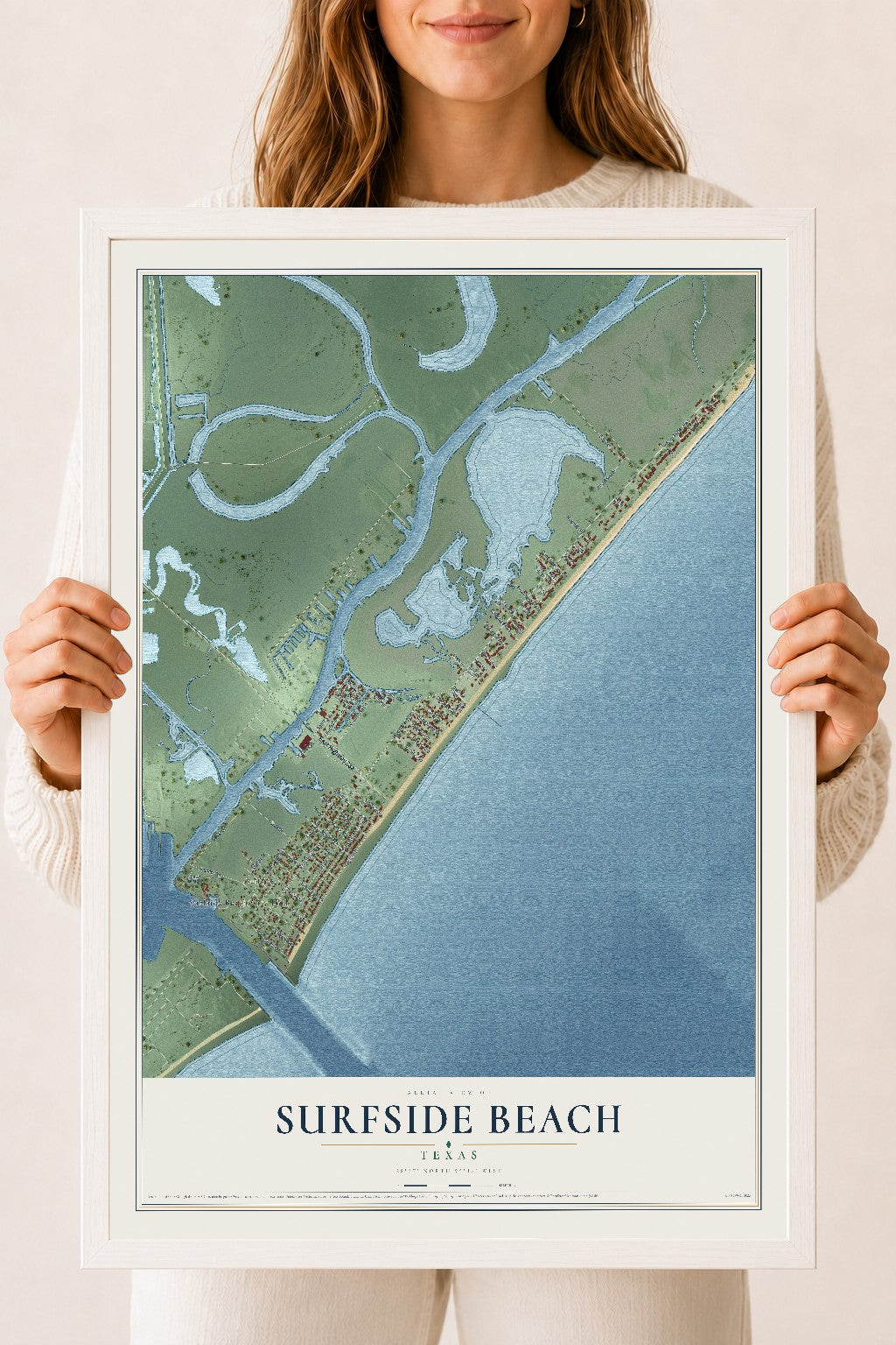 Map of Surfside Beach, Texas, 18 x 24 inch print in a white wood frame