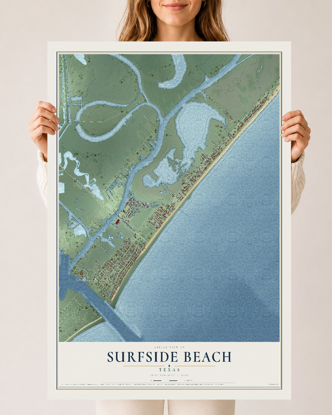 Map of Surfside Beach, Texas, 24 x 36 inch unframed archival matte print