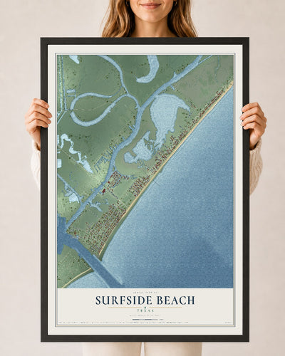 Map of Surfside Beach, Texas, 24 x 36 inch print in a black wood frame