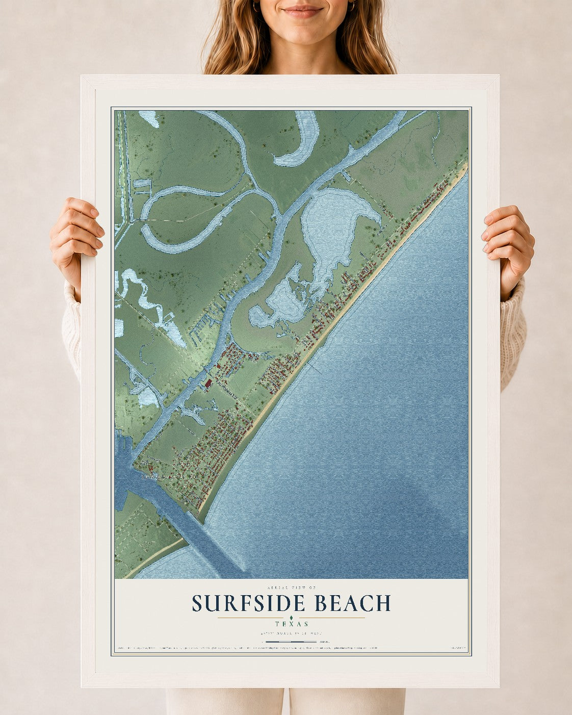 Map of Surfside Beach, Texas, 24 x 36 inch print in a white wood frame