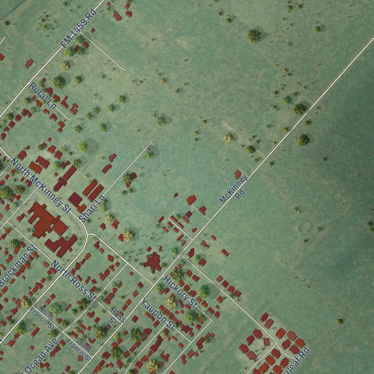 Second close-up of the map of Sweeny, Texas print showing more streets and buildings