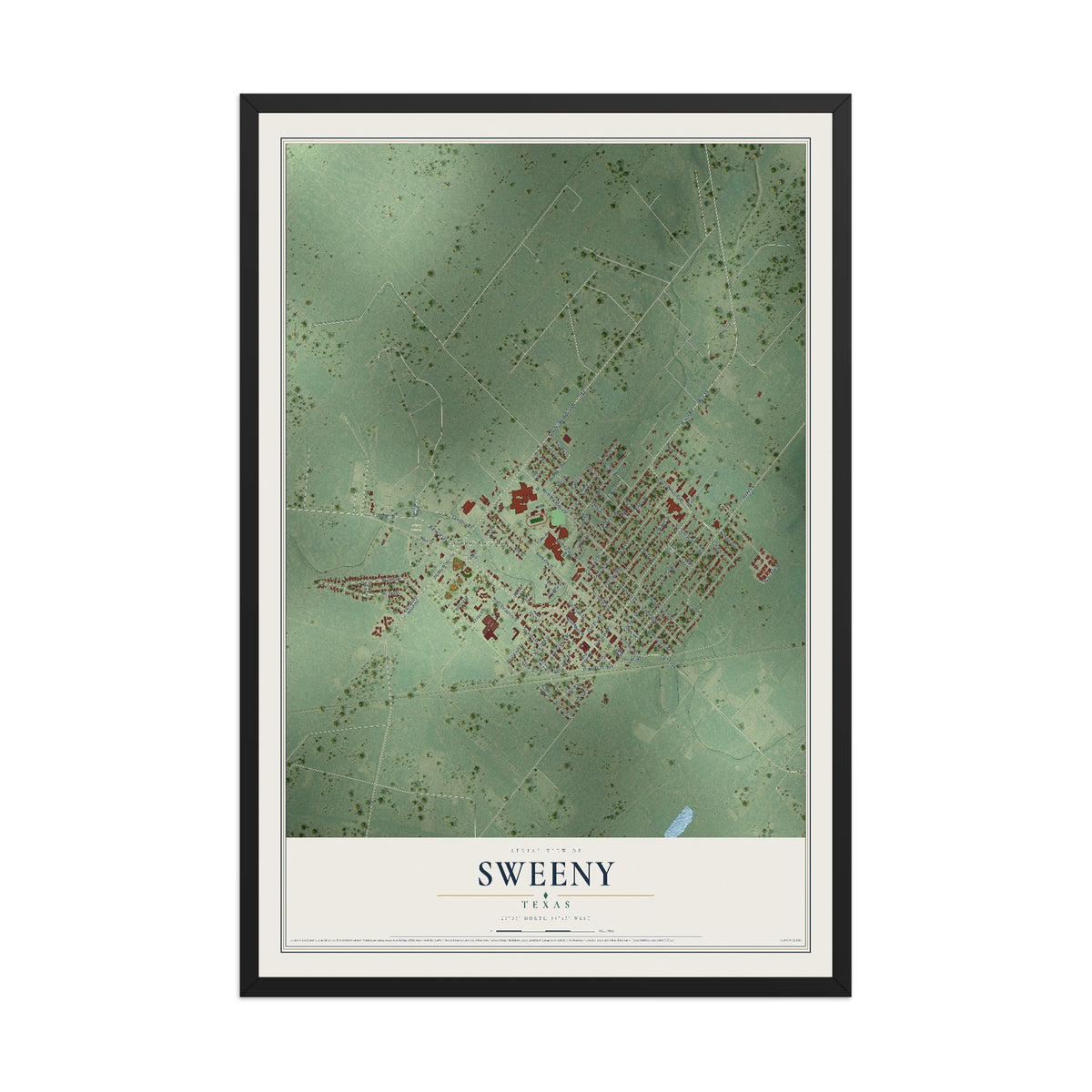 Map of Sweeny, Texas, 12 x 18 inch print in a black wood frame