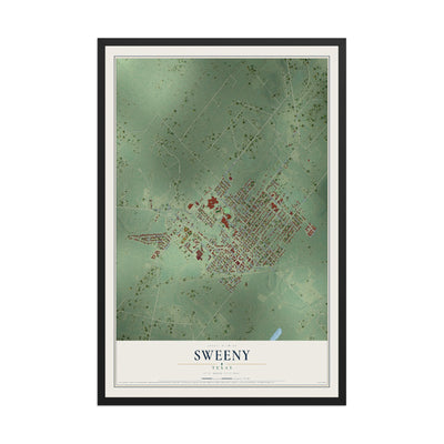 Map of Sweeny, Texas, 12 x 18 inch print in a black wood frame