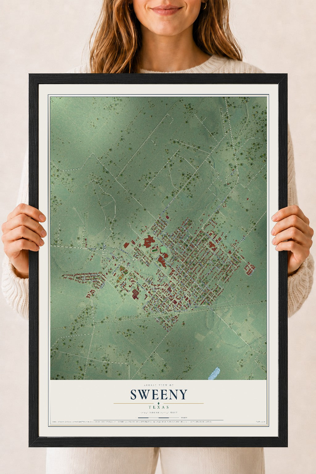 Map of Sweeny, Texas, 18 x 24 inch print in a black wood frame