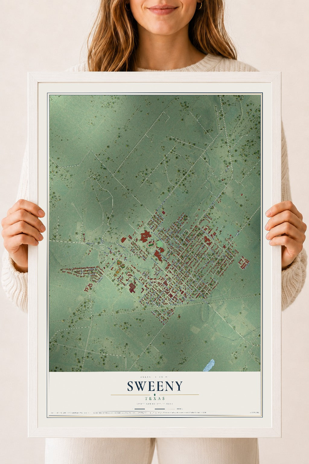 Map of Sweeny, Texas, 18 x 24 inch print in a white wood frame