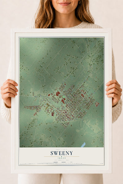 Map of Sweeny, Texas, 18 x 24 inch print in a white wood frame