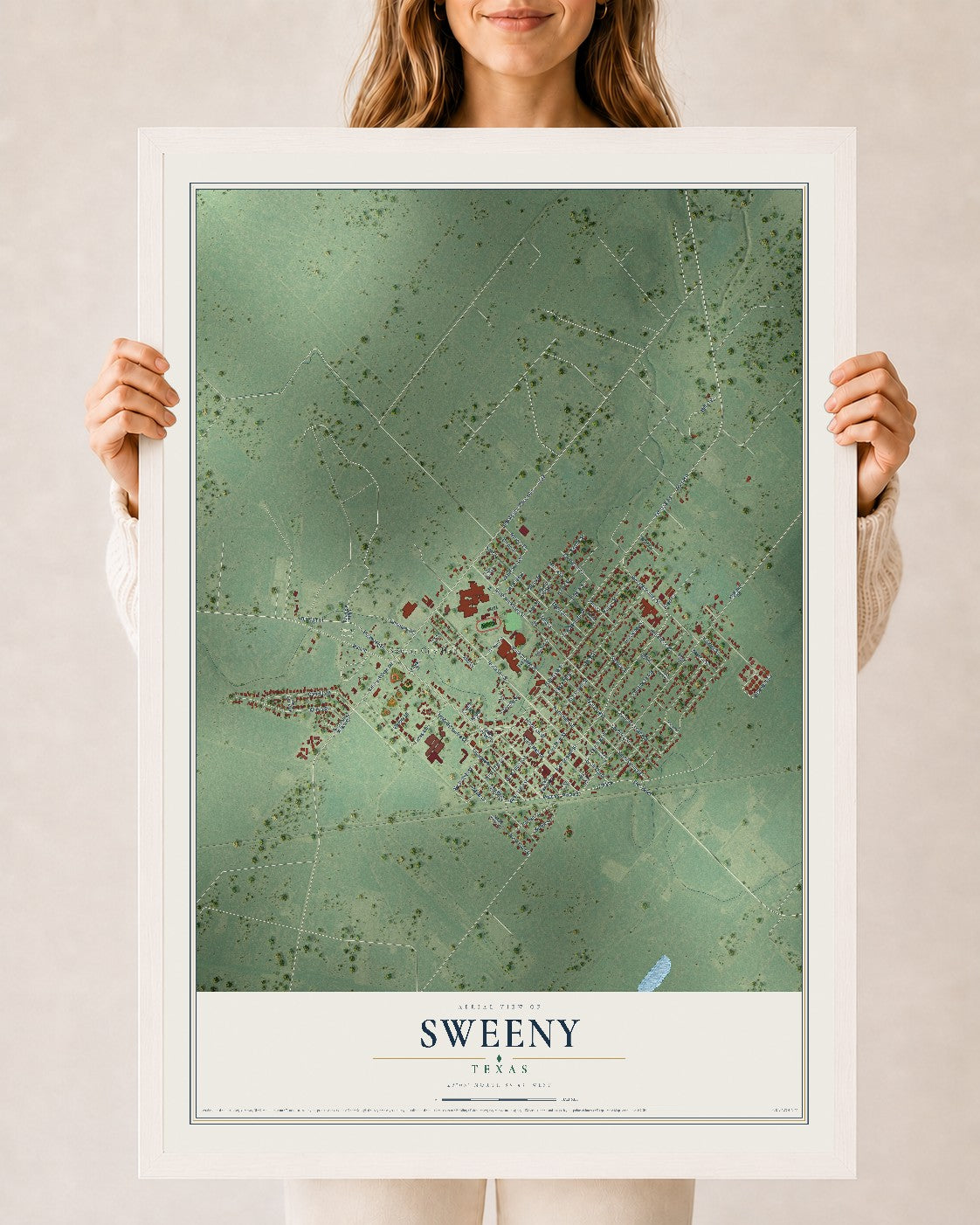 Map of Sweeny, Texas, 24 x 36 inch print in a white wood frame
