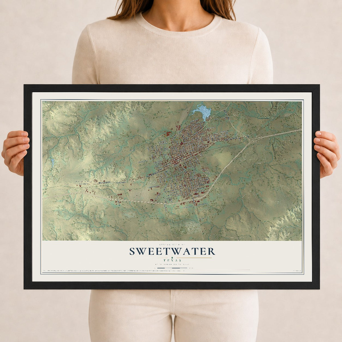 Map of Sweetwater, Texas, 12 x 18 inch print in a black wood frame