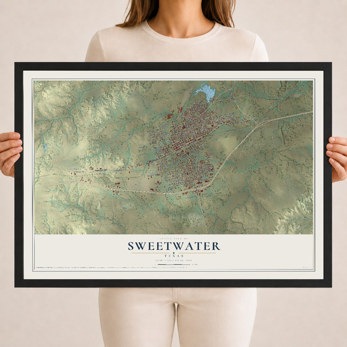 Map of Sweetwater, Texas, 18 x 24 inch print in a black wood frame