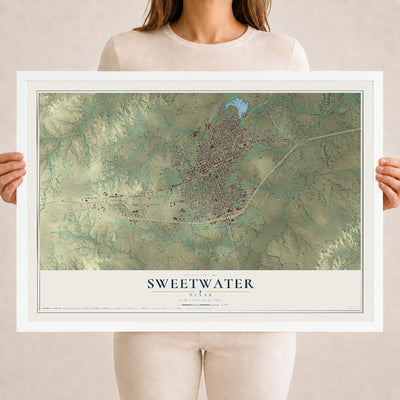 Map of Sweetwater, Texas, 18 x 24 inch print in a white wood frame