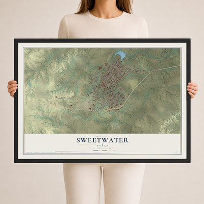 Map of Sweetwater, Texas, 24 x 36 inch print in a black wood frame