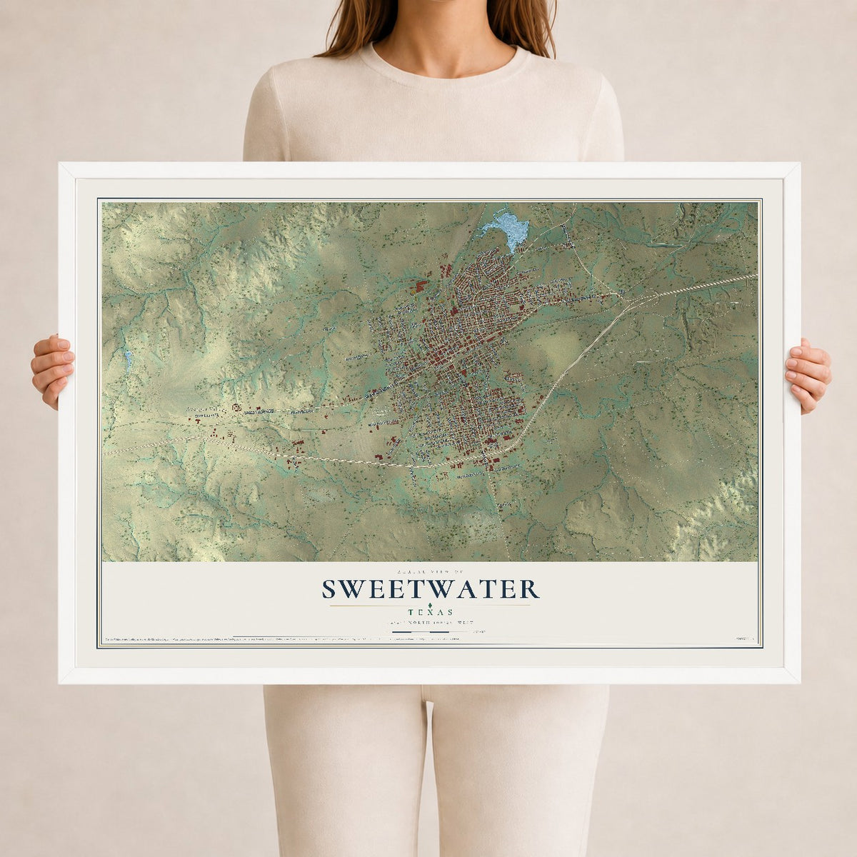Map of Sweetwater, Texas, 24 x 36 inch print in a white wood frame