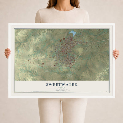Map of Sweetwater, Texas, 24 x 36 inch print in a white wood frame