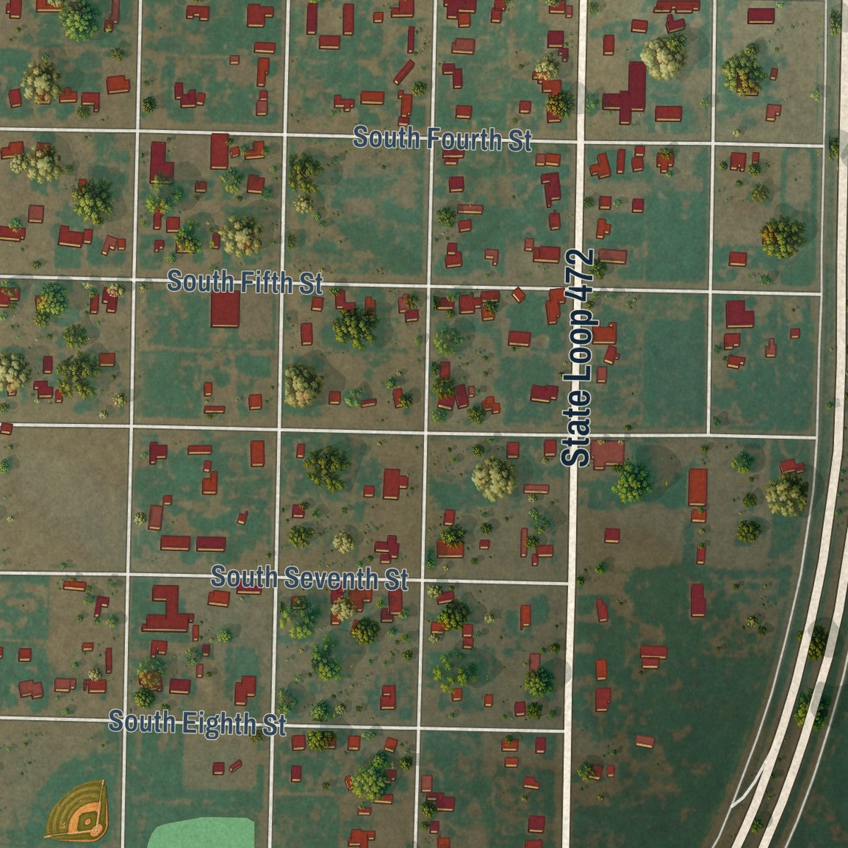 Second close-up of the map of Tahoka, Texas print showing more streets and buildings