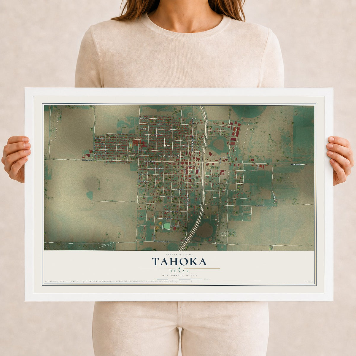Map of Tahoka, Texas, 12 x 18 inch print in a white wood frame