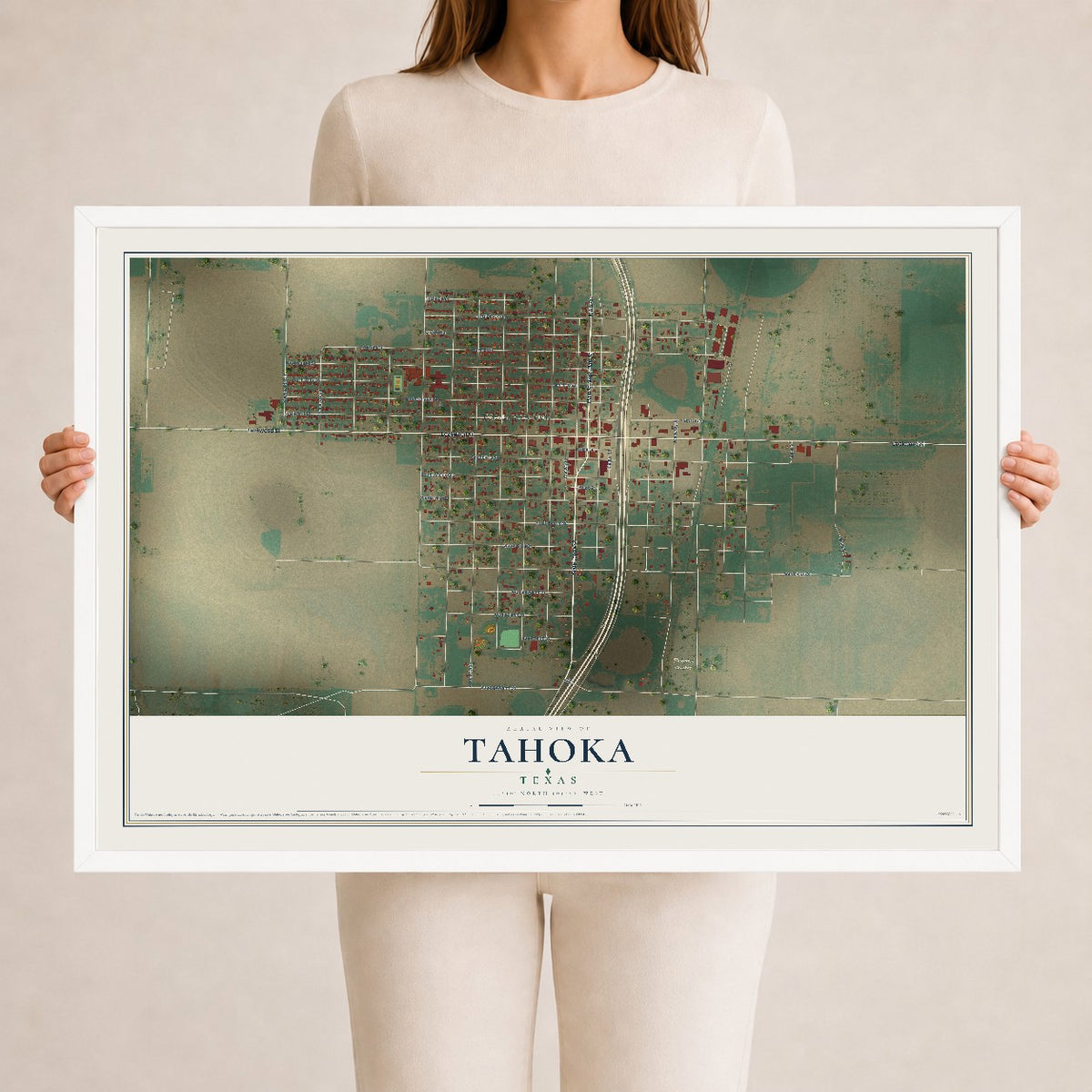 Map of Tahoka, Texas, 24 x 36 inch print in a white wood frame