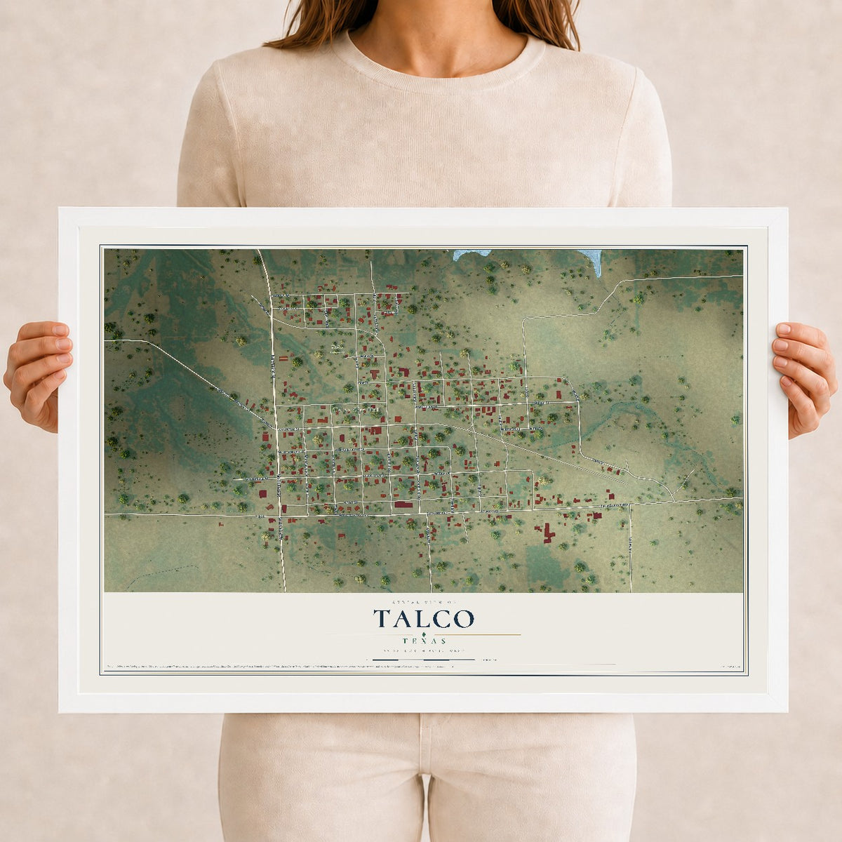 Map of Talco, Texas, 12 x 18 inch print in a white wood frame