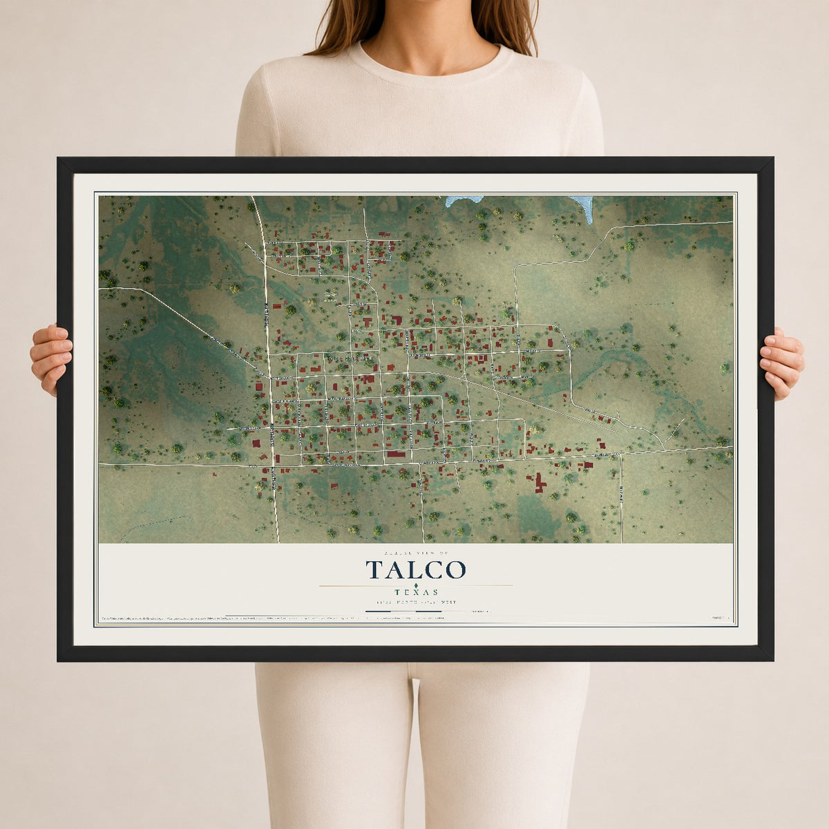 Map of Talco, Texas, 24 x 36 inch print in a black wood frame