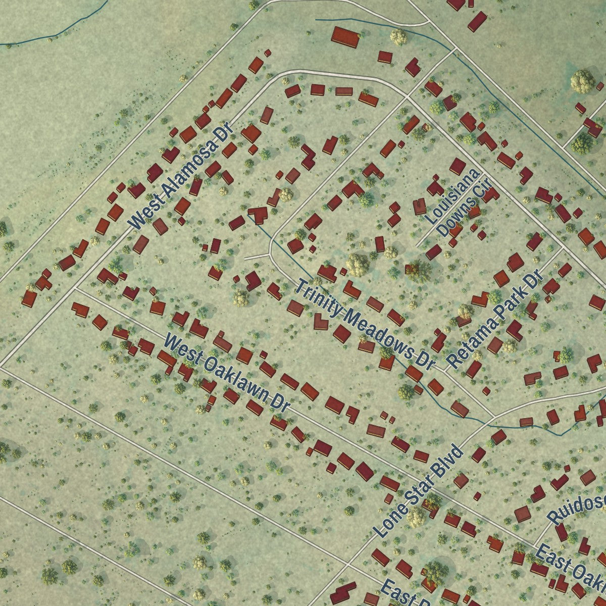 Close-up of the map of Talty, Texas print showing street and building detail