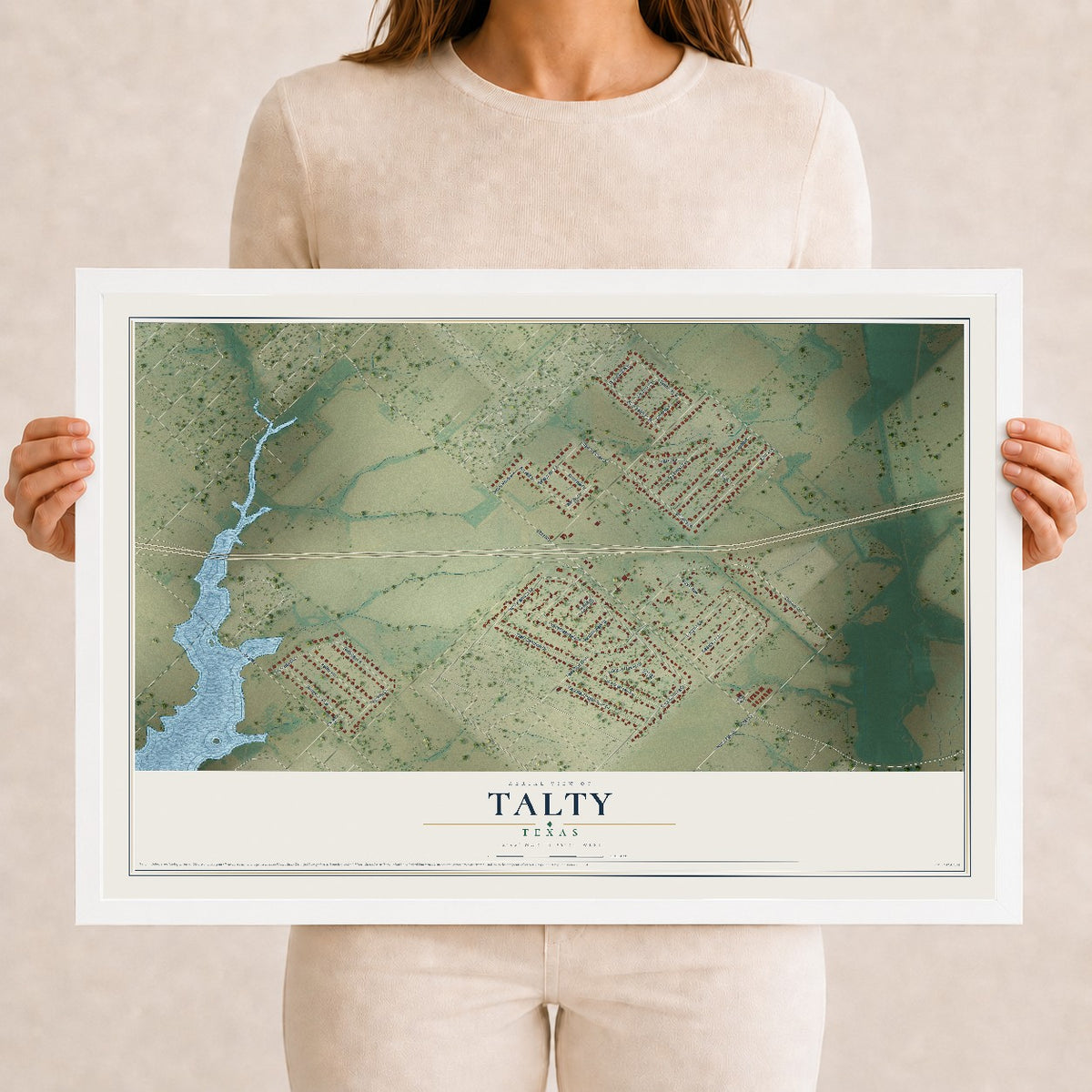 Map of Talty, Texas, 12 x 18 inch print in a white wood frame