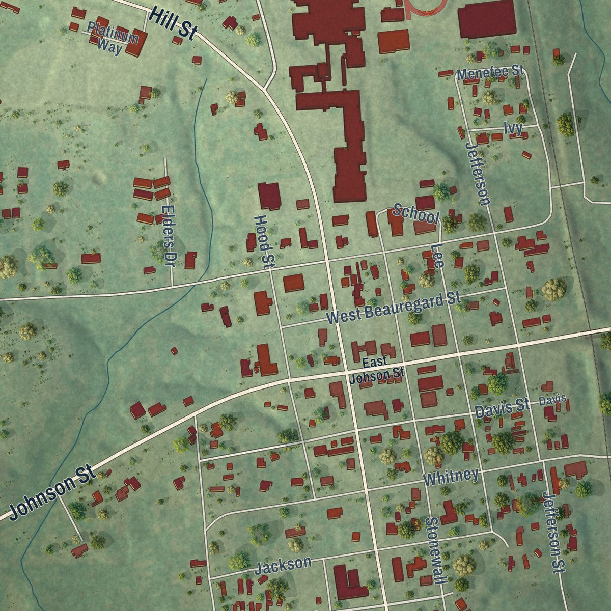 Close-up of the map of Tatum, Texas print showing street and building detail