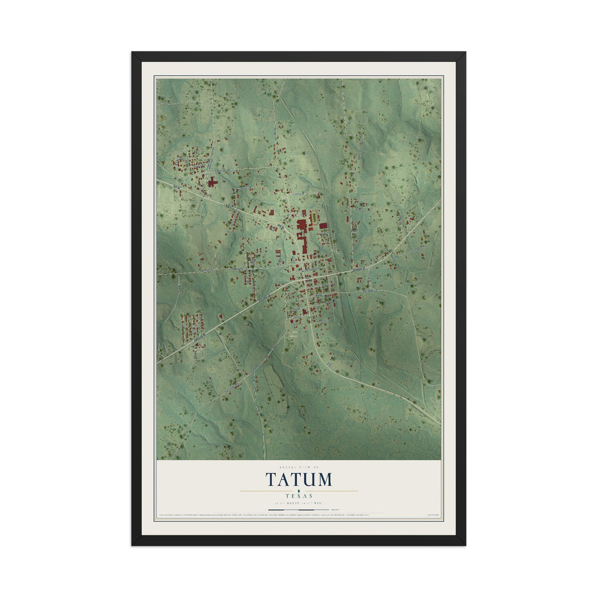 Map of Tatum, Texas, 12 x 18 inch print in a black wood frame