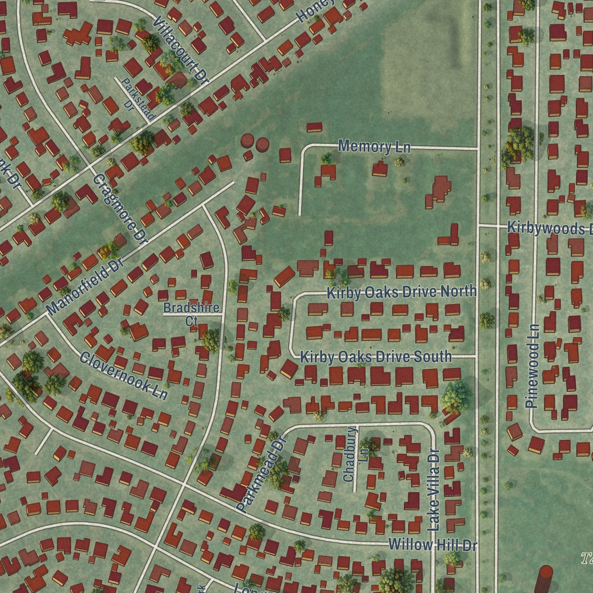 Close-up of the map of Taylor Lake Village, Texas print showing street and building detail