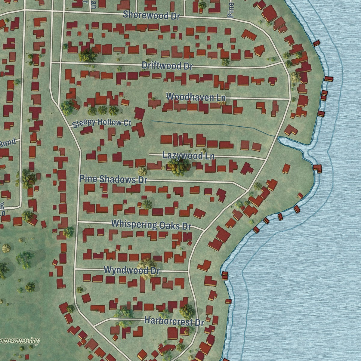 Second close-up of the map of Taylor Lake Village, Texas print showing more streets and buildings